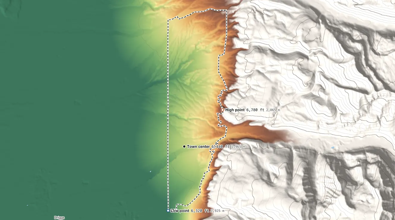 Topographic elevation map of Alta, Wyoming, shaded from 6,320 ft on the south side to 6,780 ft at the foot of the Teton Range