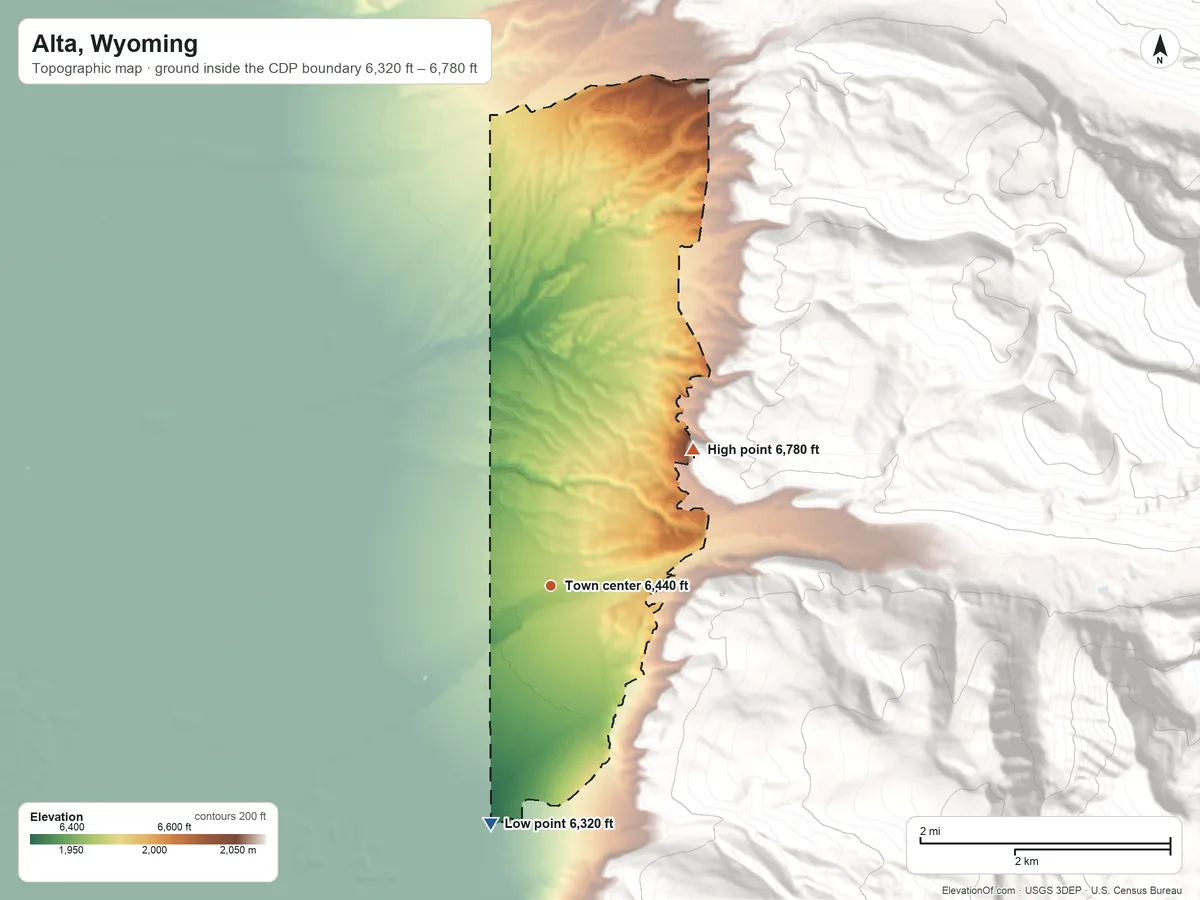 Topographic elevation map of Alta, Wyoming, shaded from 6,320 ft on the south side to 6,780 ft at the foot of the Teton Range