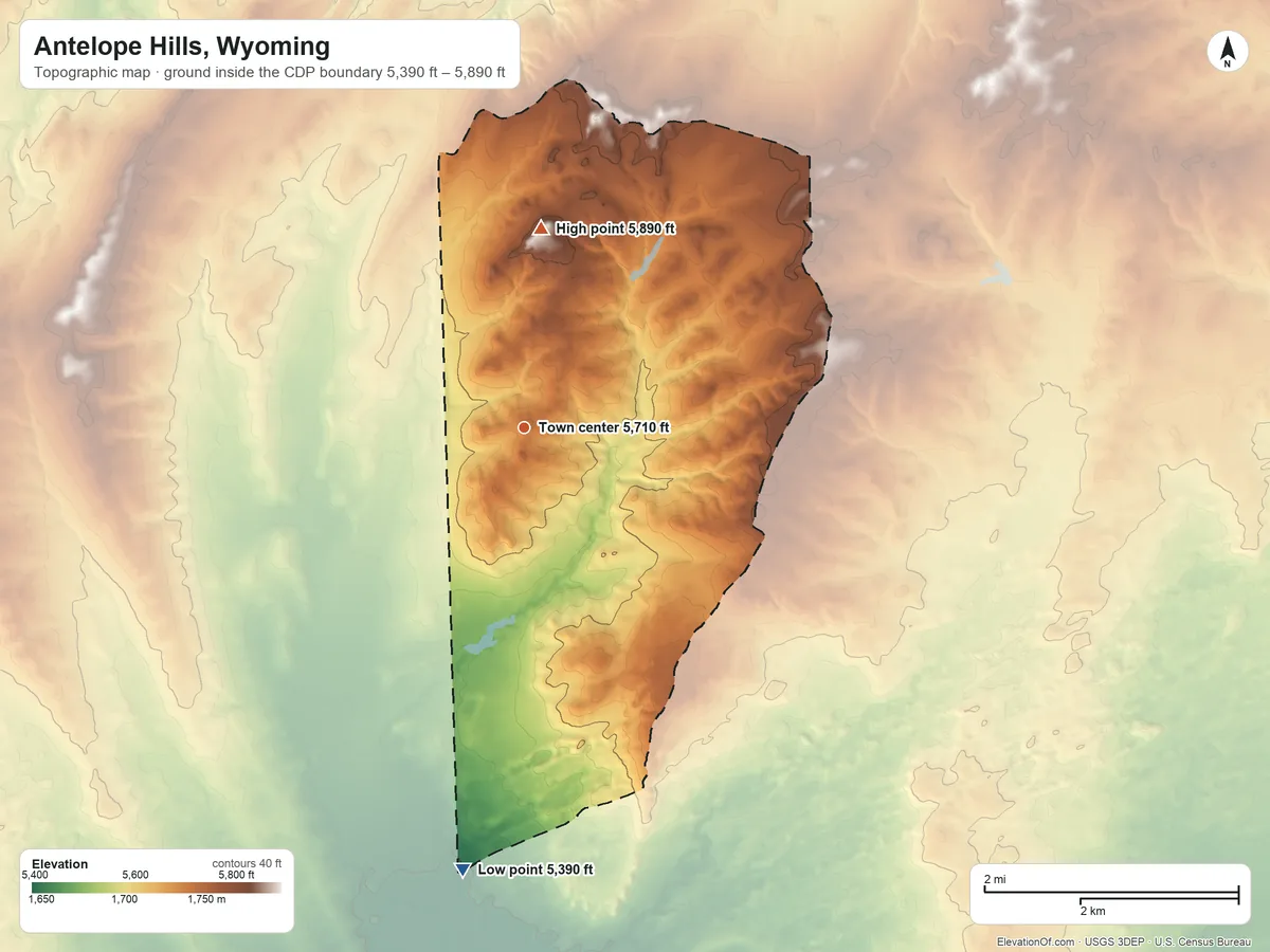 Topographic elevation map of Antelope Hills, Wyoming, shaded from 5,390 ft on the south side to 5,890 ft on the north side
