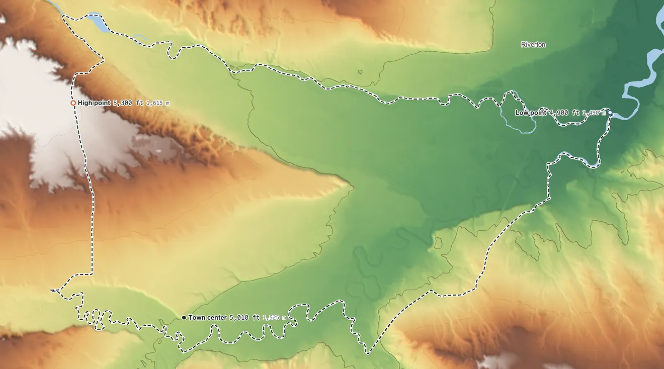 Topographic elevation map of Arapahoe, Wyoming, shaded from 4,900 ft on the northeast side to 5,300 ft on the northwest side