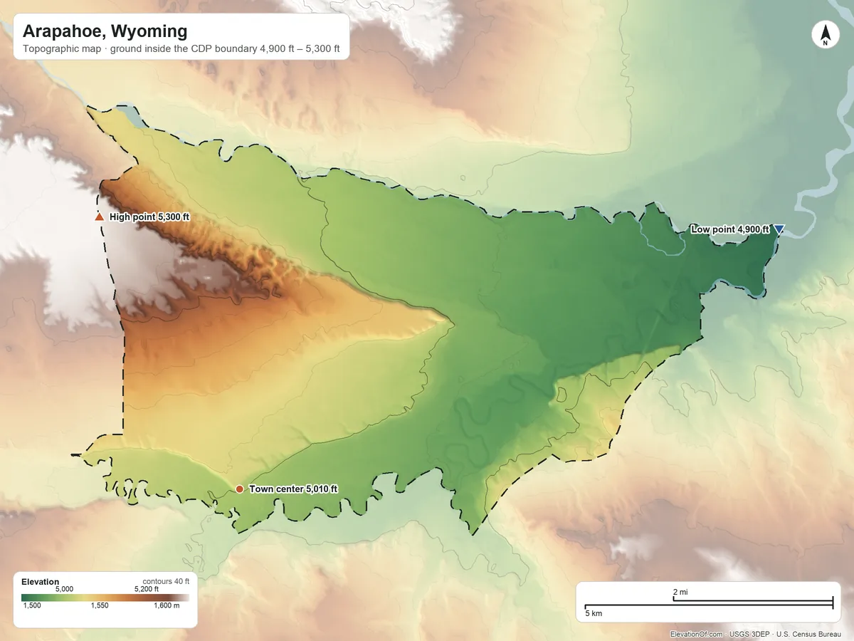Topographic elevation map of Arapahoe, Wyoming, shaded from 4,900 ft on the northeast side to 5,300 ft on the northwest side