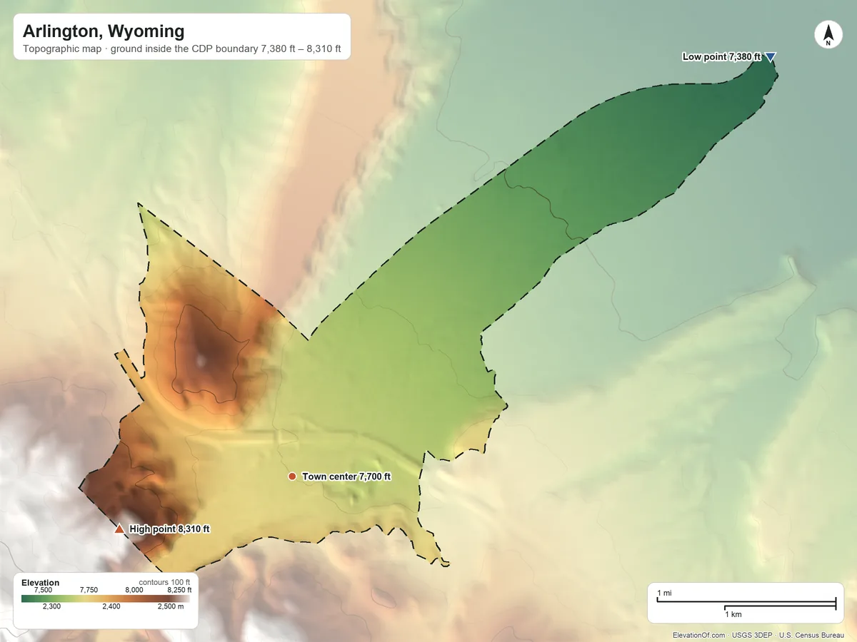 Topographic elevation map of Arlington, Wyoming, shaded from 7,380 ft on the northeast side to 8,310 ft at the foot of the Snowy Range