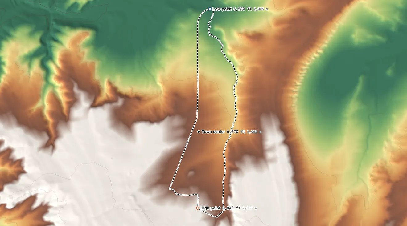 Topographic elevation map of Arrowhead Springs, Wyoming, shaded from 6,580 ft on the north side to 6,840 ft on the south edge, below higher ground just outside