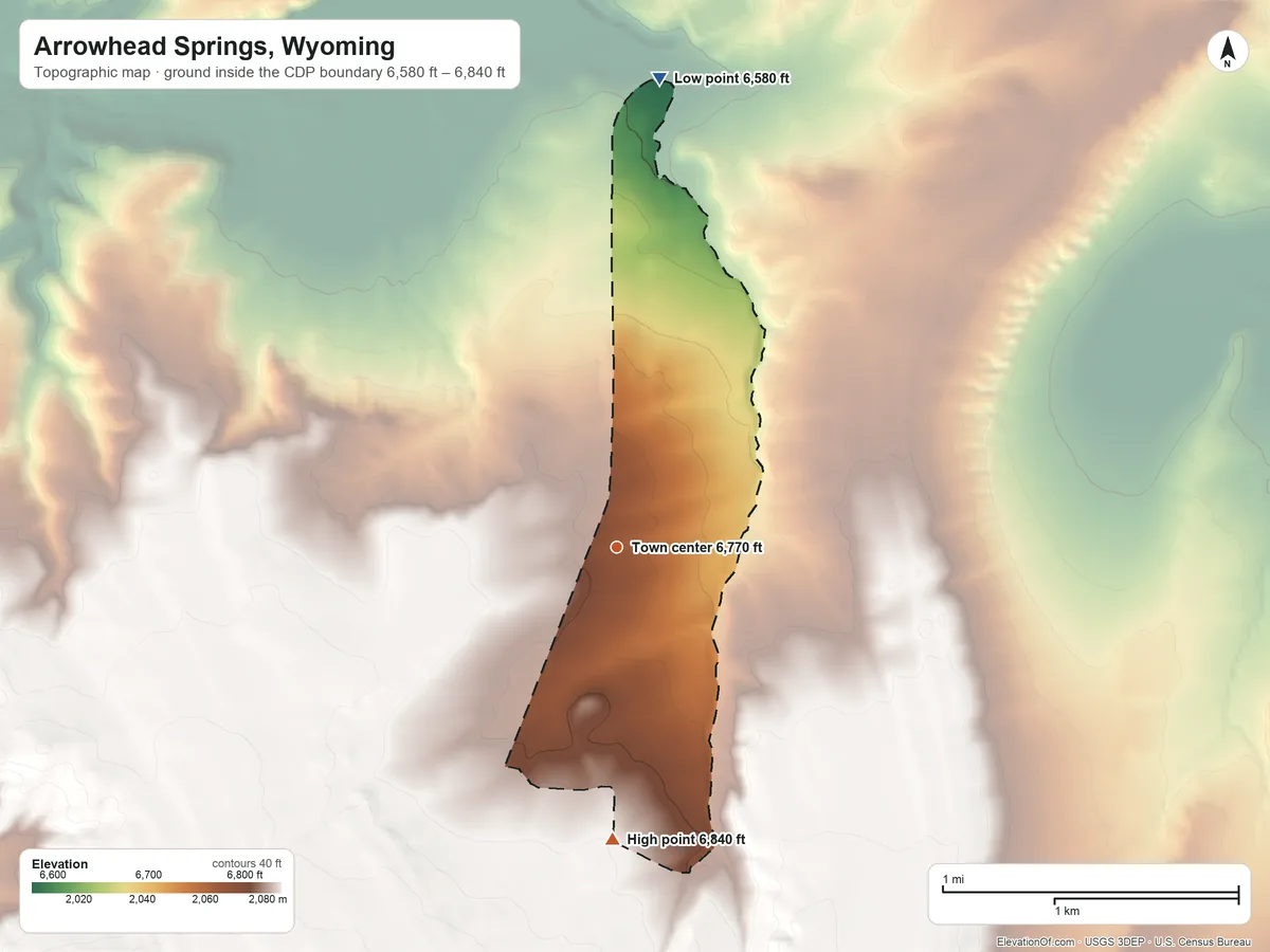 Topographic elevation map of Arrowhead Springs, Wyoming, shaded from 6,580 ft on the north side to 6,840 ft on the south edge, below higher ground just outside