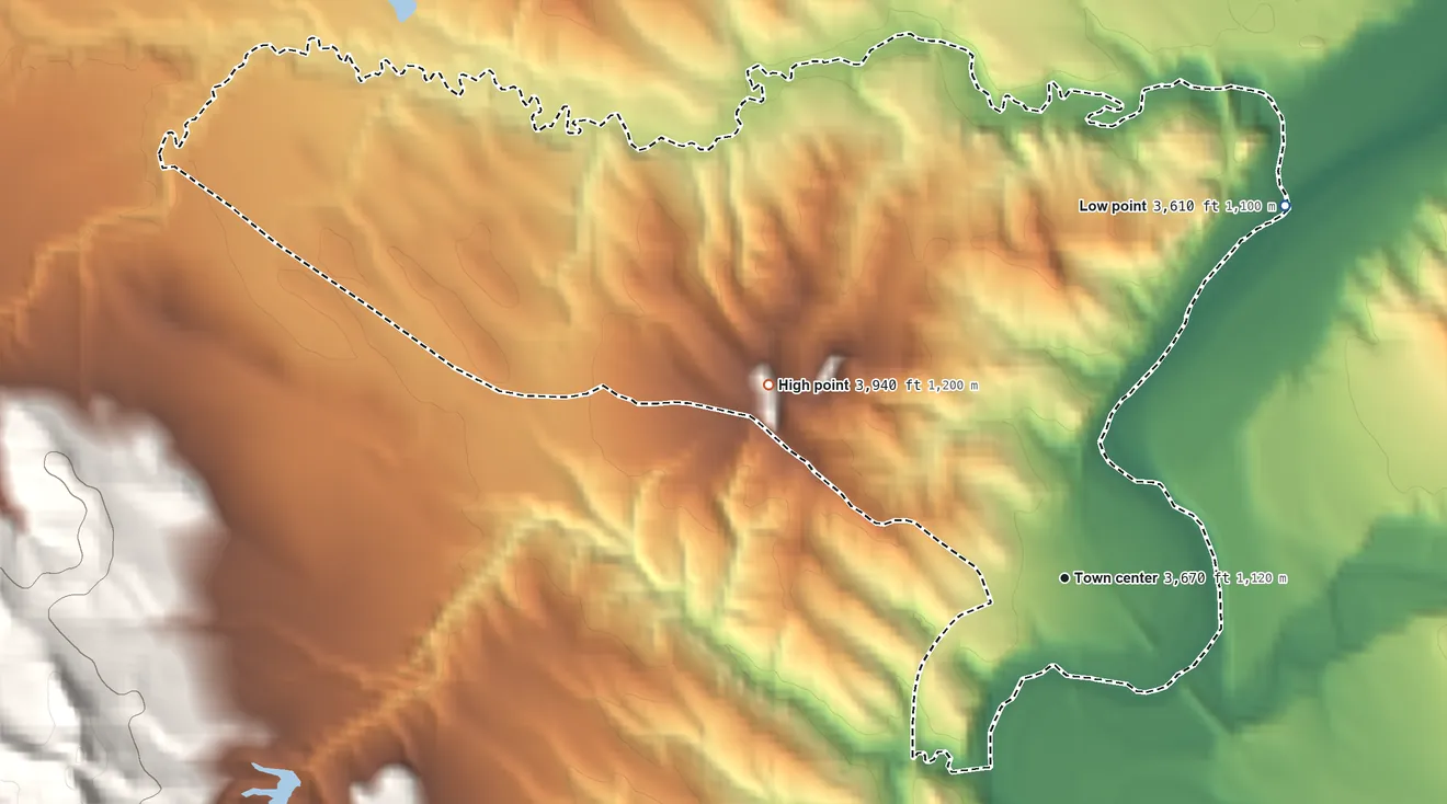 Topographic elevation map of Arvada, Wyoming, shaded from 3,610 ft on the northeast side to 3,940 ft on the northwest side