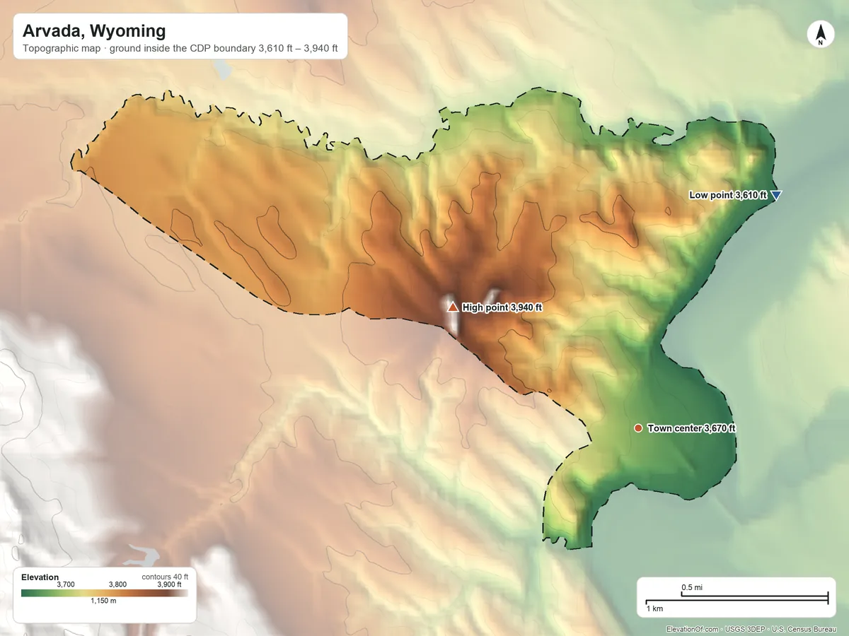 Topographic elevation map of Arvada, Wyoming, shaded from 3,610 ft on the northeast side to 3,940 ft on the northwest side
