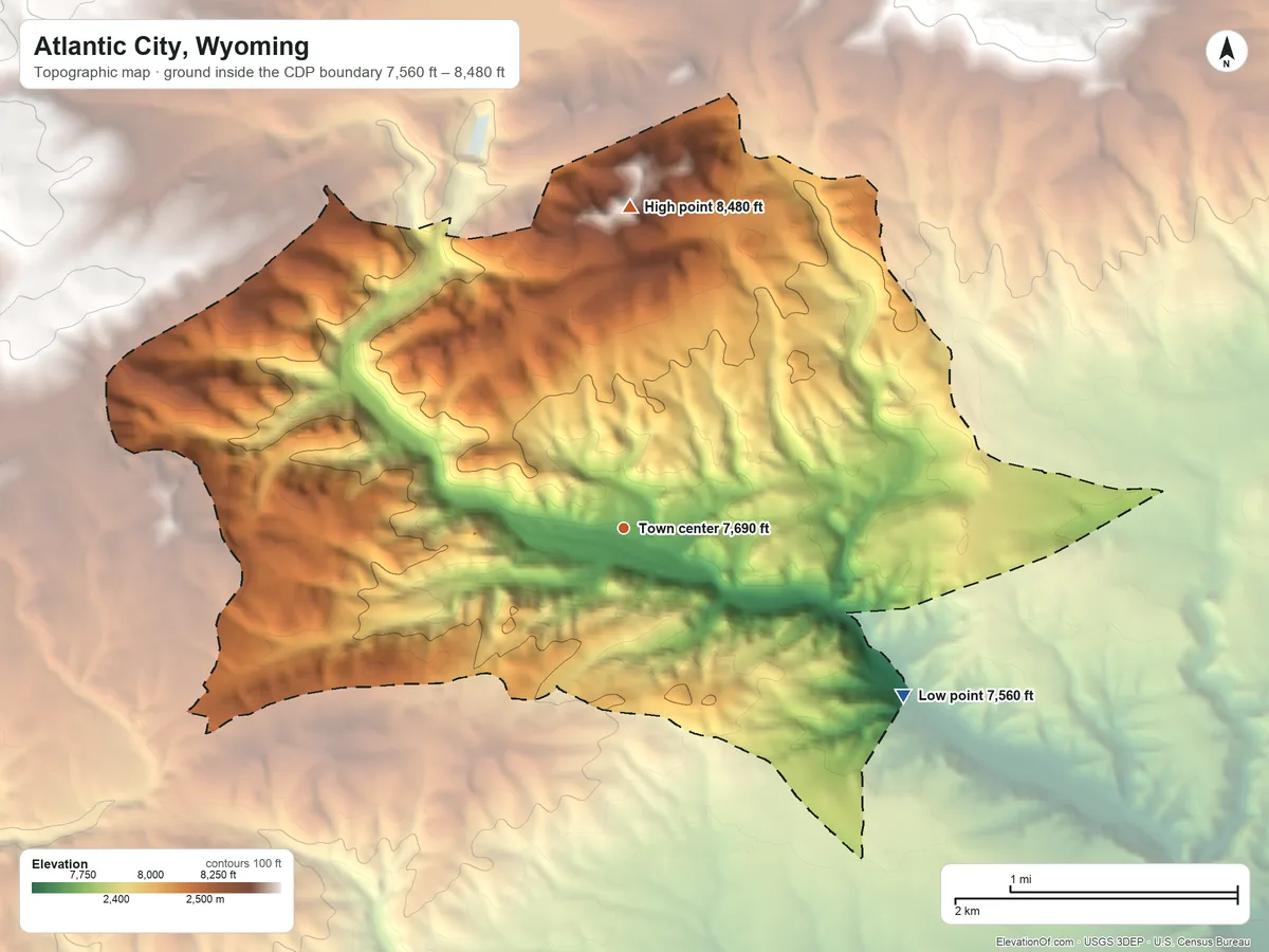 Topographic elevation map of Atlantic City, Wyoming, shaded from 7,560 ft on the southeast side to 8,480 ft on the north side