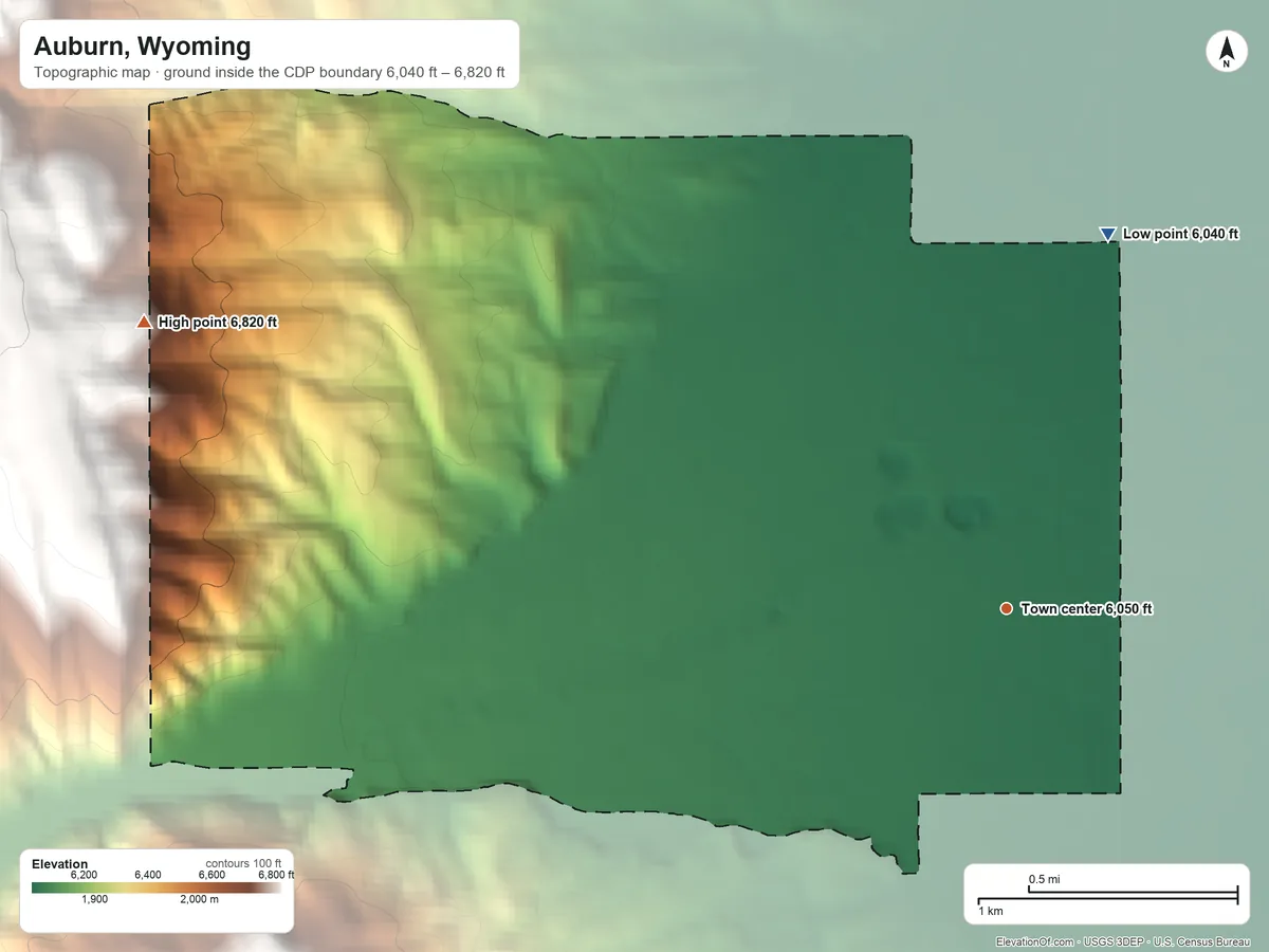 Topographic elevation map of Auburn, Wyoming, shaded from 6,040 ft on the north side to 6,820 ft on the west side