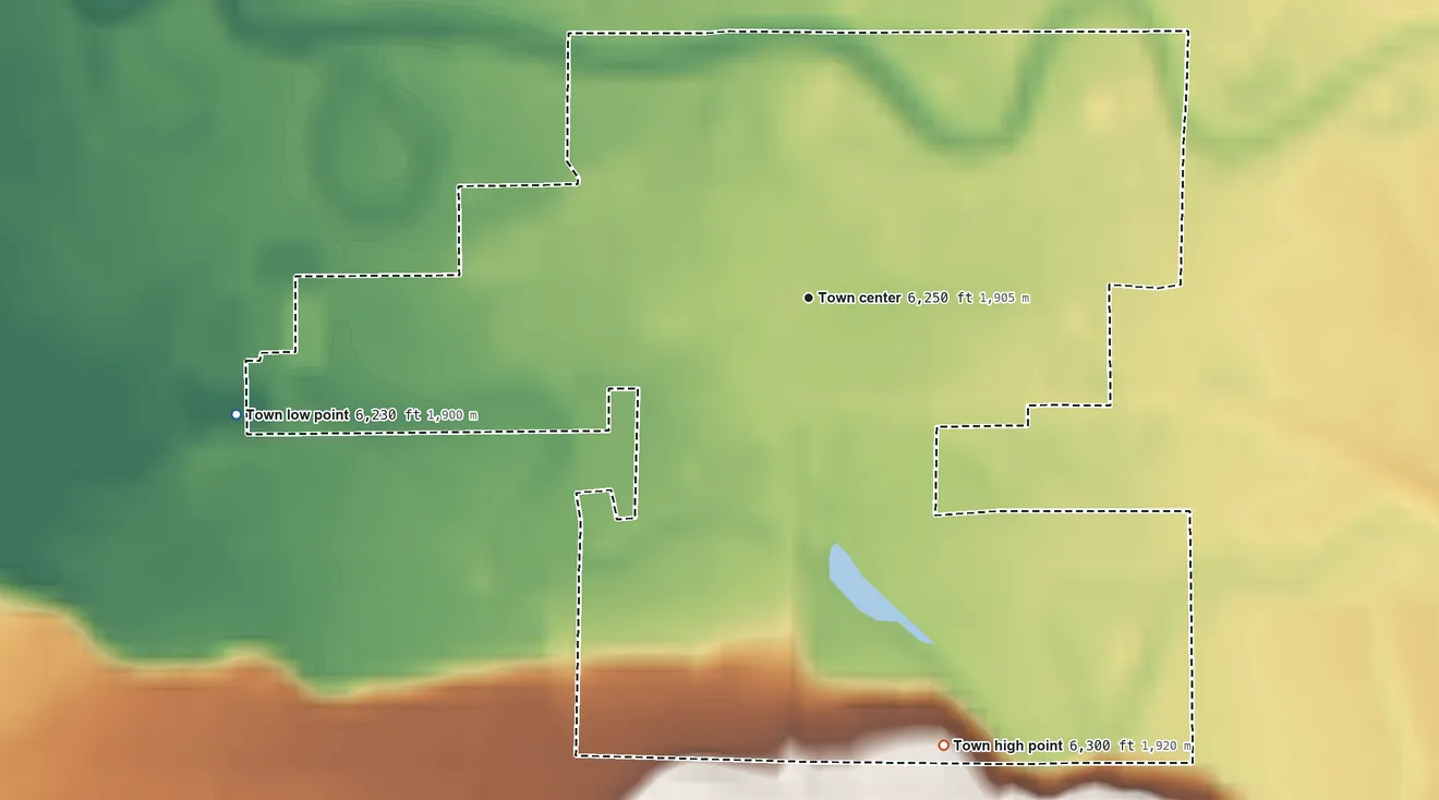 Topographic elevation map of Baggs, Wyoming, shaded from 6,230 ft on the west side to 6,300 ft on the south edge, below higher ground just outside