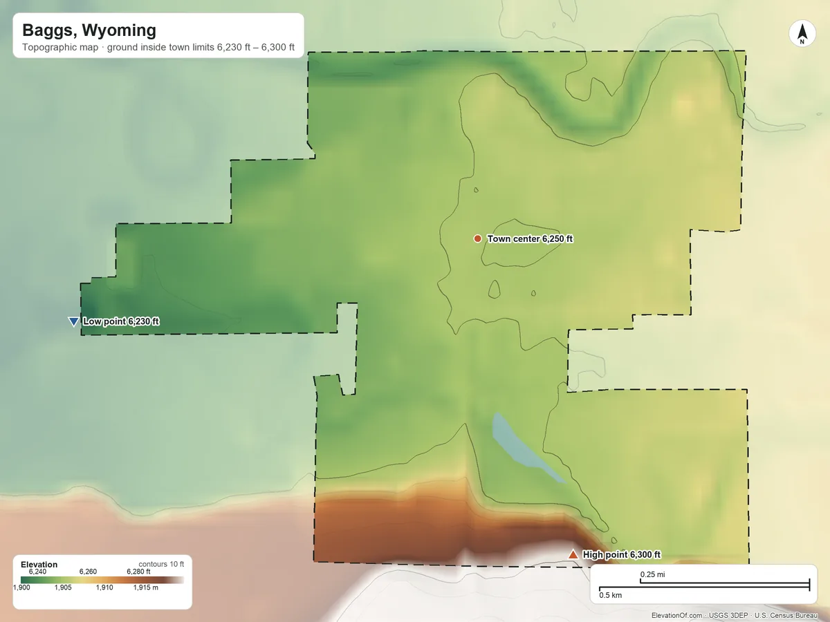 Topographic elevation map of Baggs, Wyoming, shaded from 6,230 ft on the west side to 6,300 ft on the south edge, below higher ground just outside