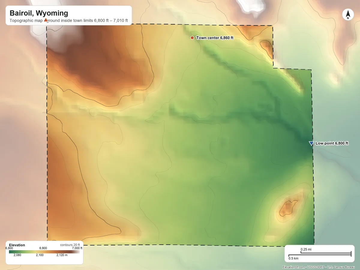 Topographic elevation map of Bairoil, Wyoming, shaded from 6,800 ft on the southeast side to 7,010 ft at the foot of the Red Hills