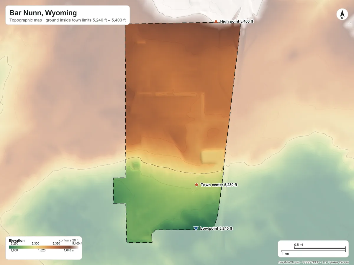 Topographic elevation map of Bar Nunn, Wyoming, shaded from 5,240 ft on the south side to 5,400 ft on the north side