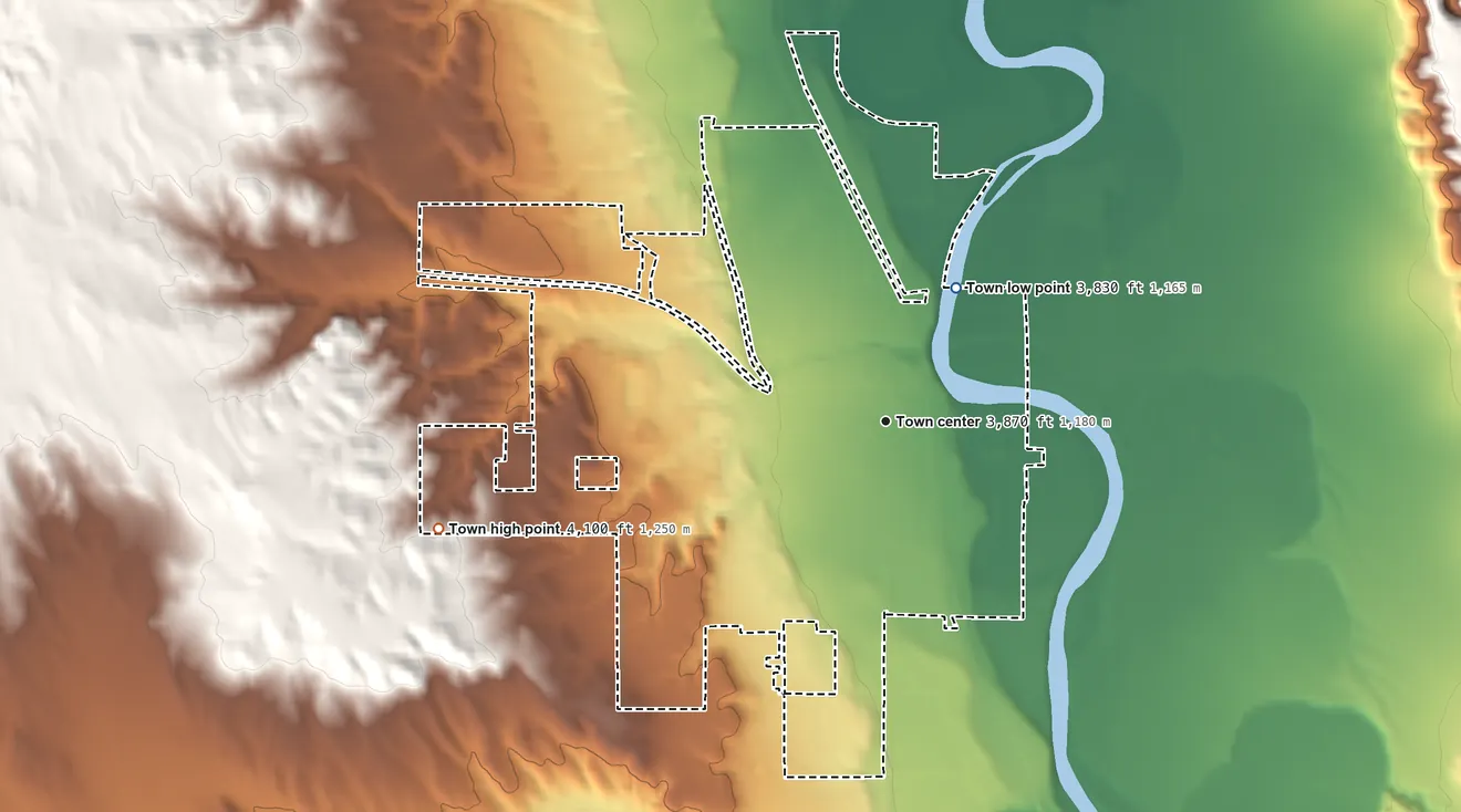 Topographic elevation map of Basin, Wyoming, shaded from 3,830 ft on the northeast side to 4,100 ft on the west side