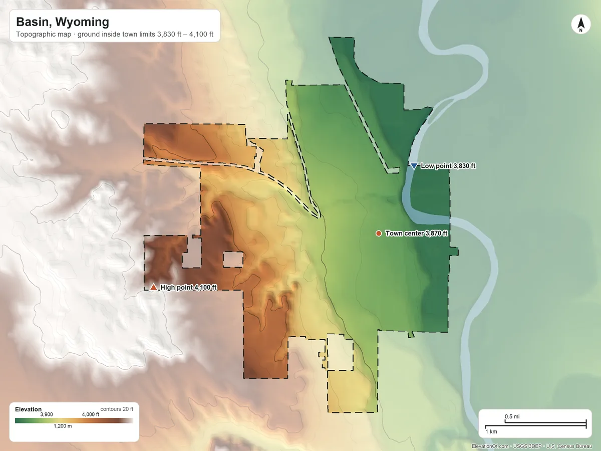 Topographic elevation map of Basin, Wyoming, shaded from 3,830 ft on the northeast side to 4,100 ft on the west side