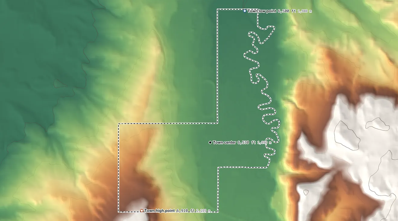 Topographic elevation map of Bear River, Wyoming, shaded from 6,500 ft on the north side to 6,910 ft on the southwest side