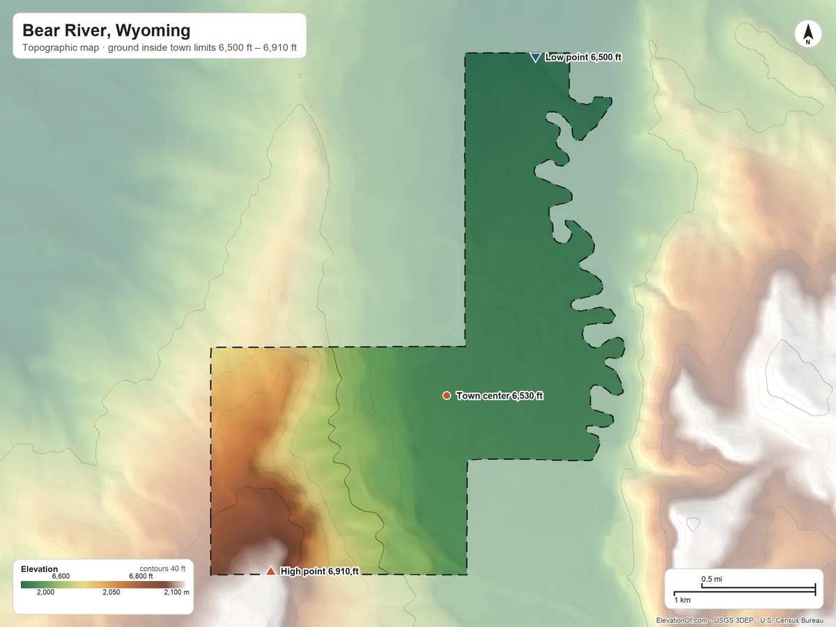 Topographic elevation map of Bear River, Wyoming, shaded from 6,500 ft on the north side to 6,910 ft on the southwest side