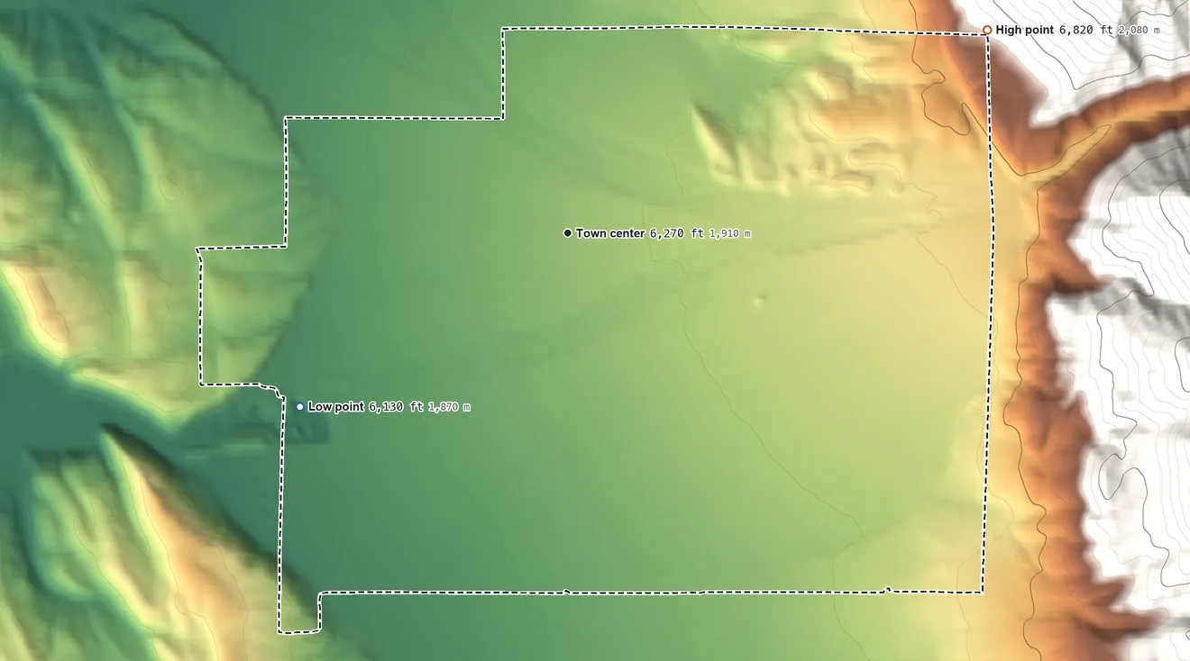 Topographic elevation map of Bedford, Wyoming, shaded from 6,130 ft on the southwest side to 6,820 ft at the foot of the Salt River Range