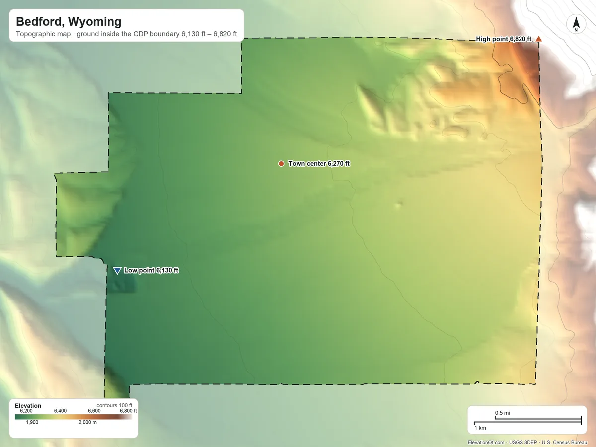 Topographic elevation map of Bedford, Wyoming, shaded from 6,130 ft on the southwest side to 6,820 ft at the foot of the Salt River Range