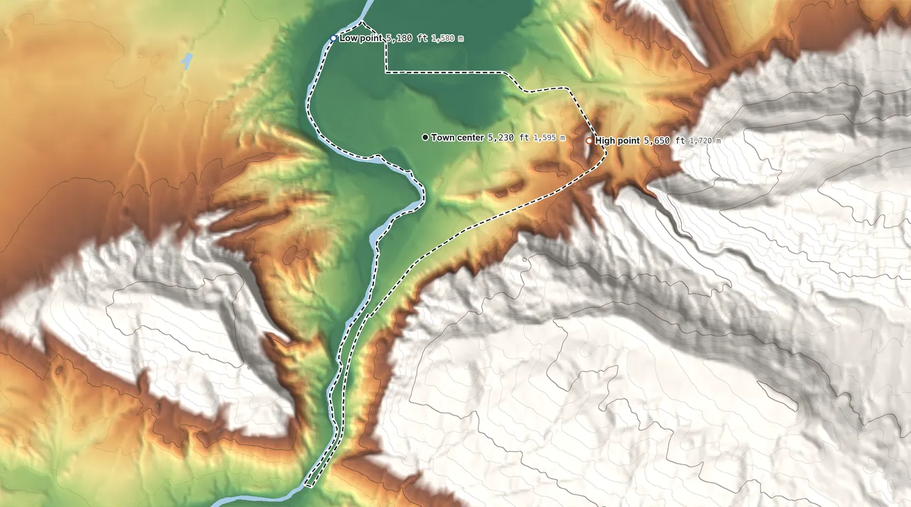 Topographic elevation map of Bessemer Bend, Wyoming, shaded from 5,180 ft on the northwest side to 5,650 ft on the east edge, below higher ground just outside
