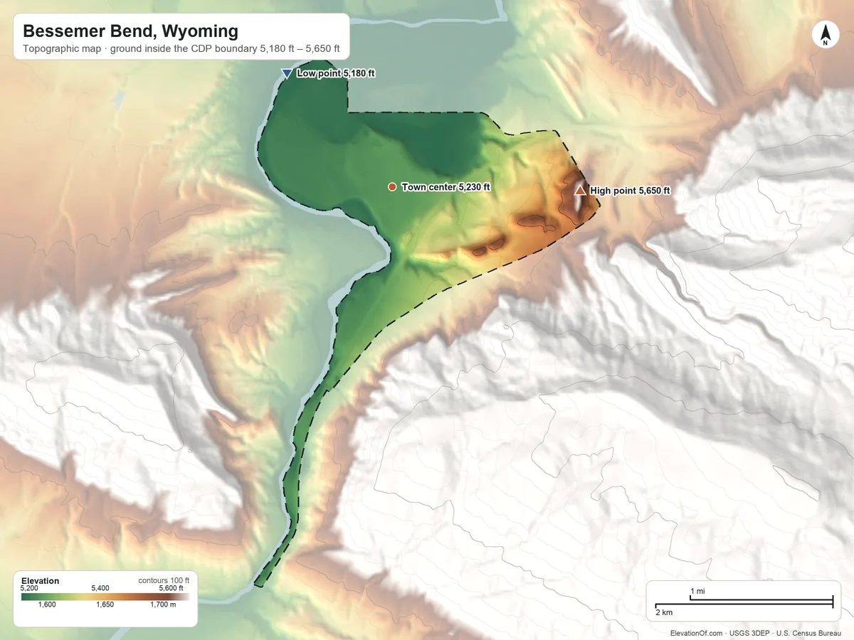 Topographic elevation map of Bessemer Bend, Wyoming, shaded from 5,180 ft on the northwest side to 5,650 ft on the east edge, below higher ground just outside