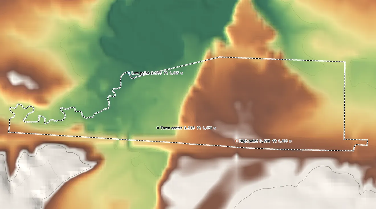 Topographic elevation map of Beulah, Wyoming, shaded from 3,500 ft on the northwest side to 3,590 ft at the foot of the The Brakes