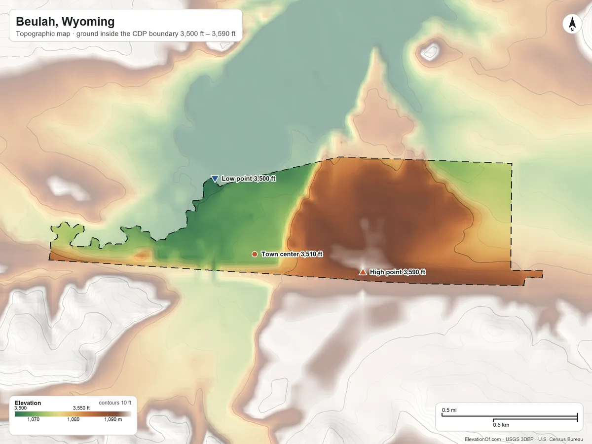 Topographic elevation map of Beulah, Wyoming, shaded from 3,500 ft on the northwest side to 3,590 ft at the foot of the The Brakes