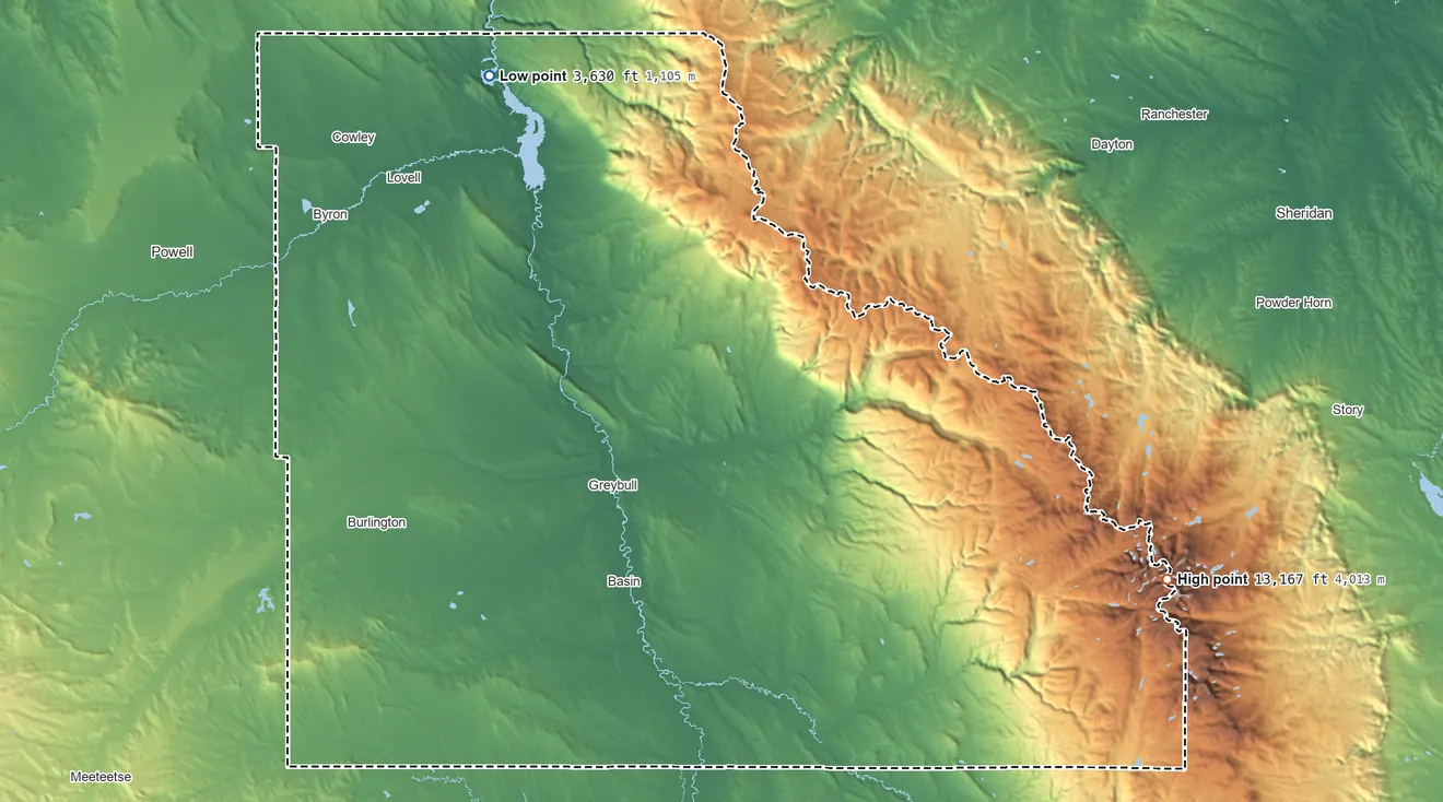 Topographic elevation map of Big Horn County, Wyoming, shaded from 3,630 ft on the northwest side to 13,167 ft on Cloud Peak