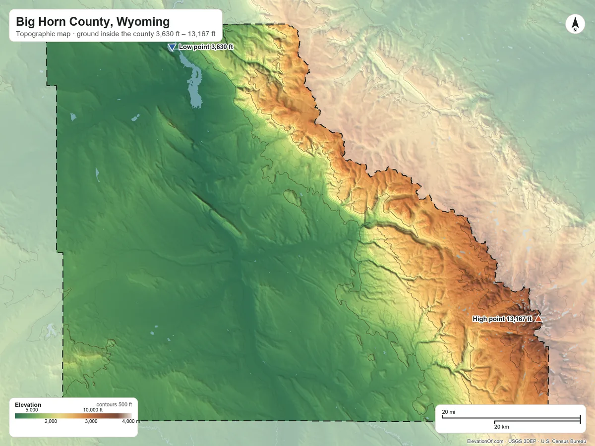 Topographic elevation map of Big Horn County, Wyoming, shaded from 3,630 ft on the northwest side to 13,167 ft on Cloud Peak