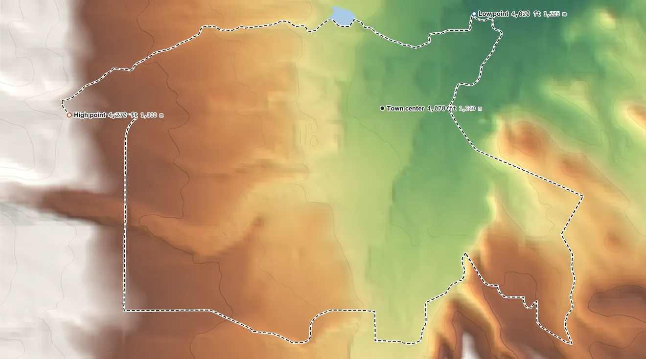 Topographic elevation map of Big Horn, Wyoming, shaded from 4,020 ft on the northeast side to 4,270 ft at the foot of the Beaver Creek Hills