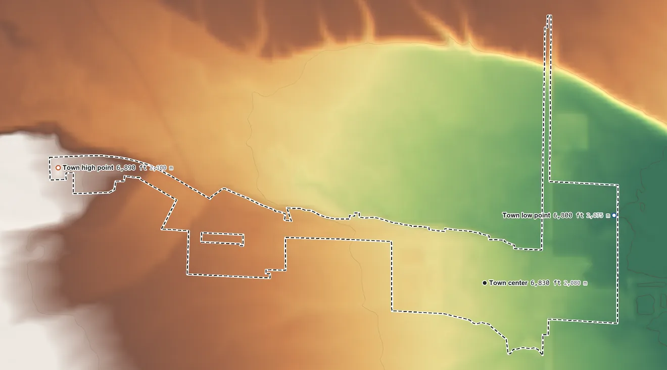 Topographic elevation map of Big Piney, Wyoming, shaded from 6,800 ft on the northeast side to 6,890 ft on the west side