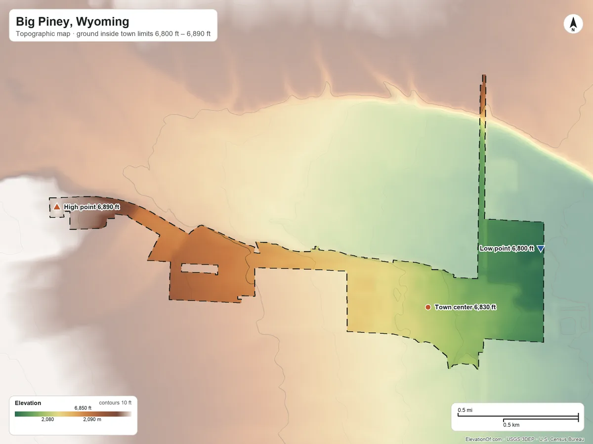 Topographic elevation map of Big Piney, Wyoming, shaded from 6,800 ft on the northeast side to 6,890 ft on the west side