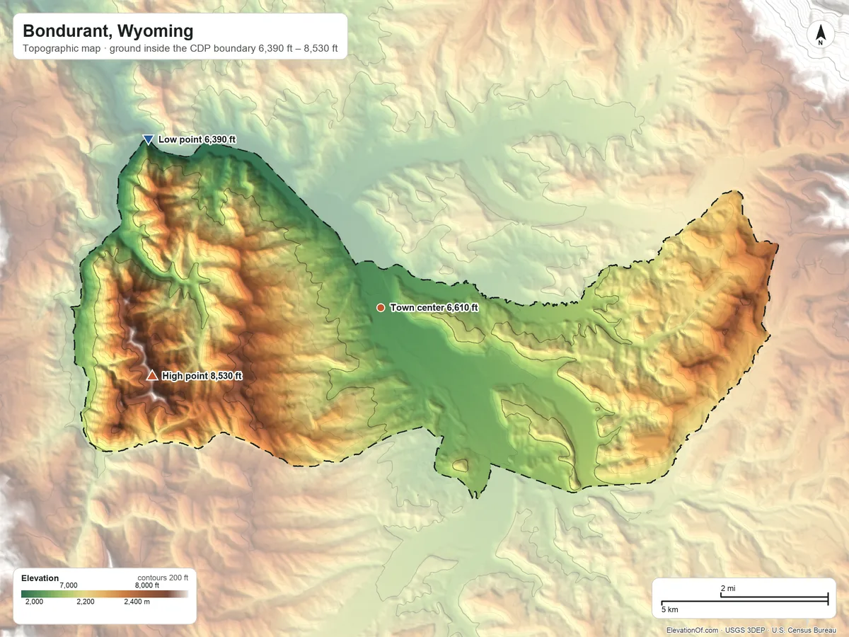 Topographic elevation map of Bondurant, Wyoming, shaded from 6,390 ft on the northwest side to 8,530 ft on the west side