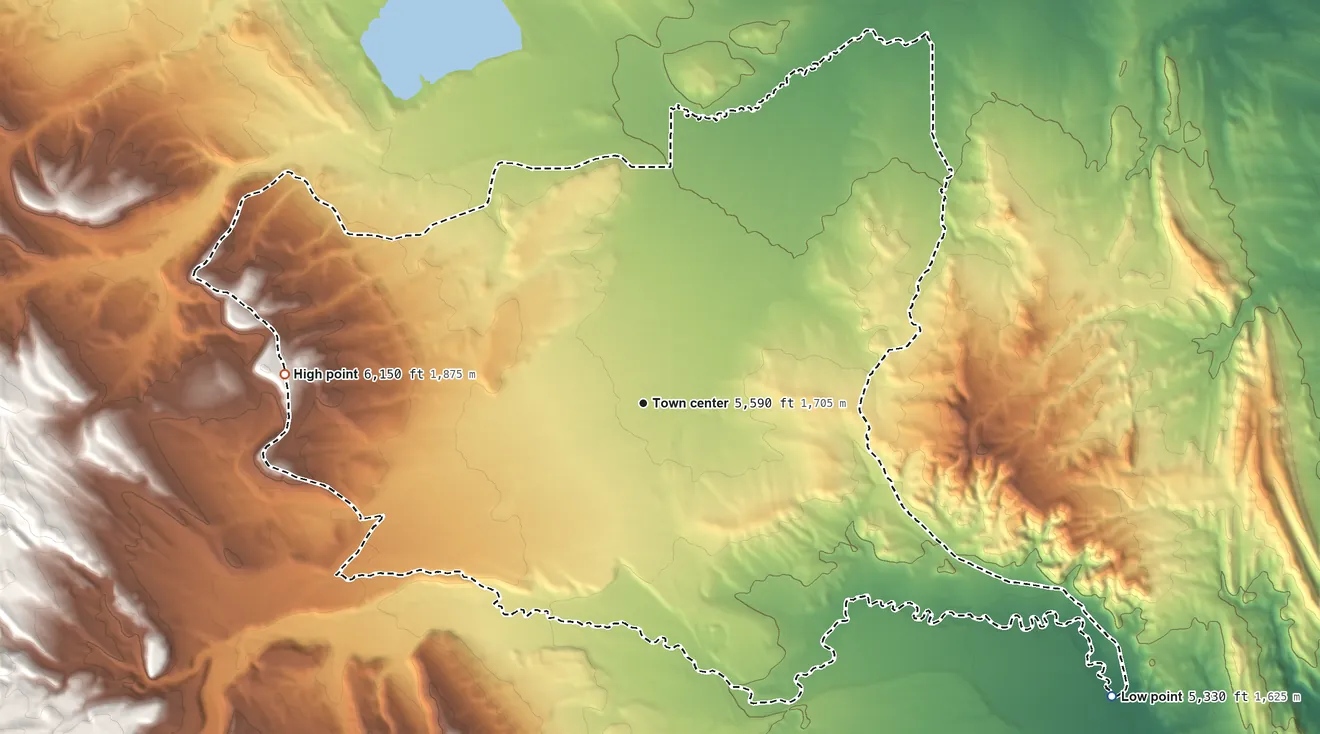 Topographic elevation map of Boulder Flats, Wyoming, shaded from 5,330 ft on the southeast side to 6,150 ft on the west side