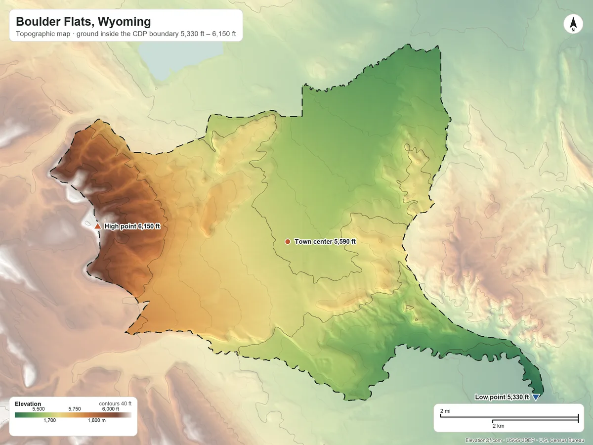 Topographic elevation map of Boulder Flats, Wyoming, shaded from 5,330 ft on the southeast side to 6,150 ft on the west side
