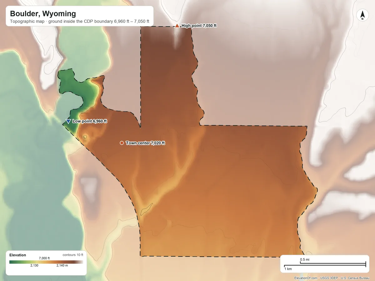 Topographic elevation map of Boulder, Wyoming, shaded from 6,960 ft on the west side to 7,050 ft on the northeast side