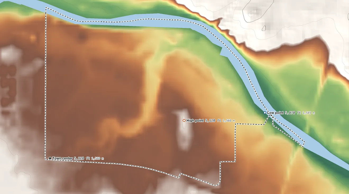 Topographic elevation map of Brookhurst, Wyoming, shaded from 5,070 ft on the east side to 5,120 ft on the east side