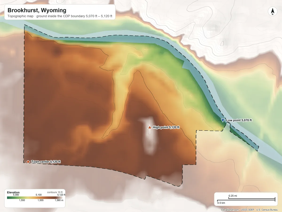 Topographic elevation map of Brookhurst, Wyoming, shaded from 5,070 ft on the east side to 5,120 ft on the east side