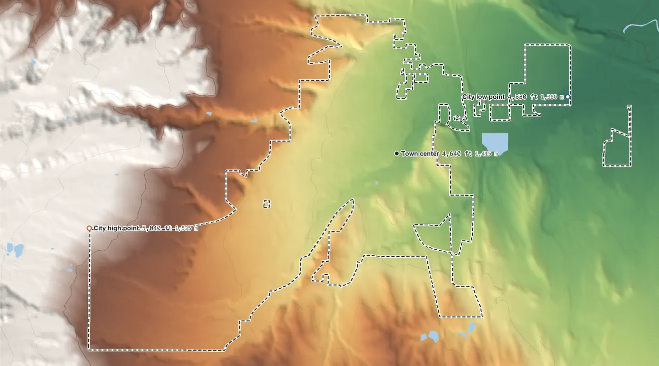 Topographic elevation map of Buffalo, Wyoming, shaded from 4,530 ft on the east side to 5,040 ft at the foot of the T A Hills