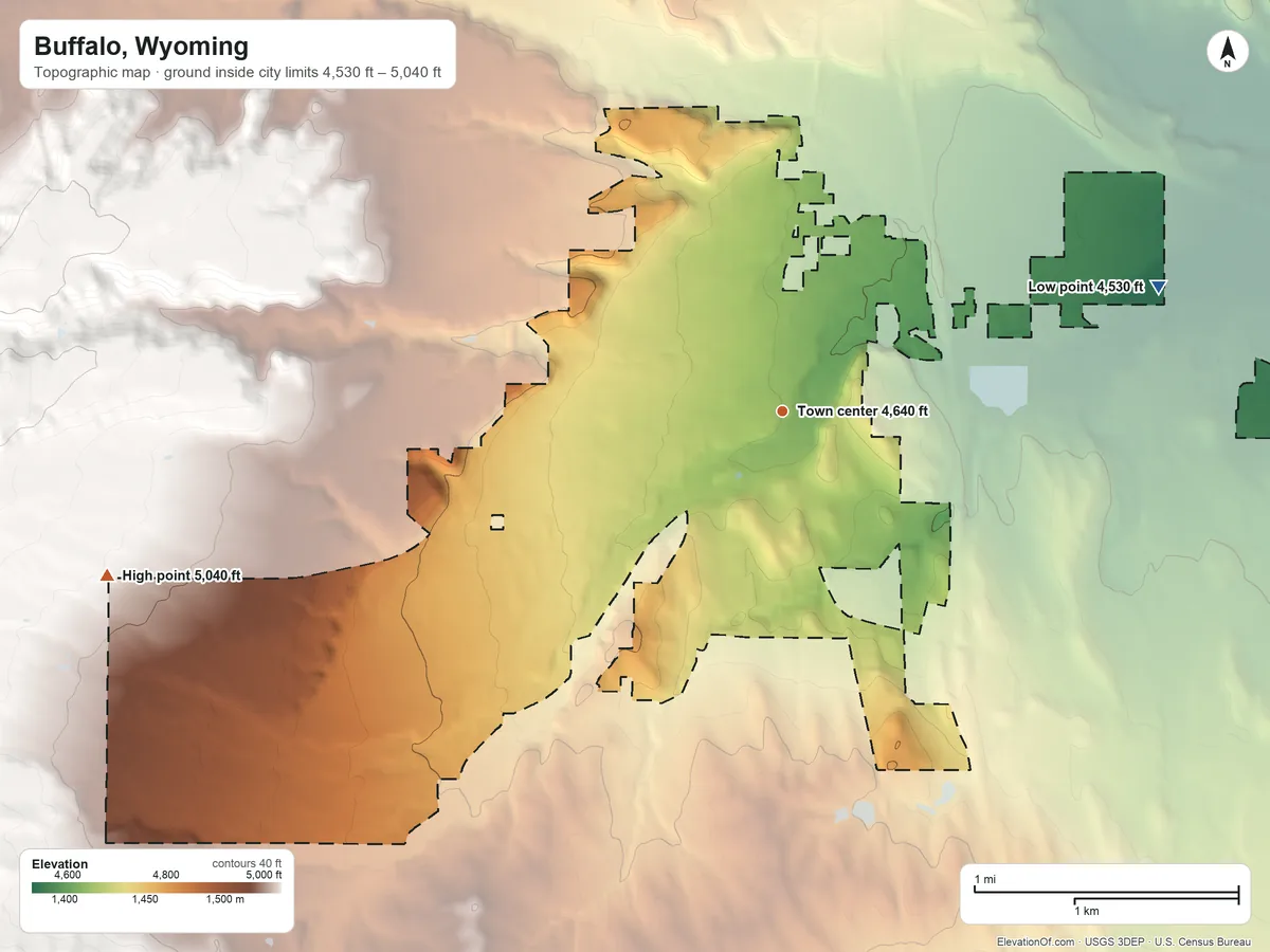 Topographic elevation map of Buffalo, Wyoming, shaded from 4,530 ft on the east side to 5,040 ft at the foot of the T A Hills