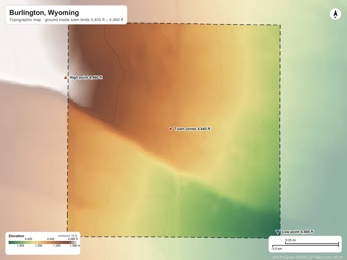 Topographic elevation map of Burlington, Wyoming, shaded from 4,400 ft on the southeast side to 4,460 ft on the northwest side
