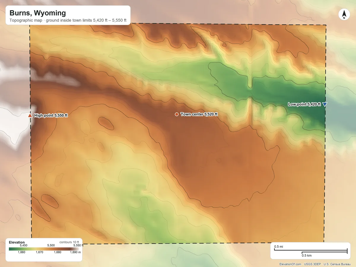 Topographic elevation map of Burns, Wyoming, shaded from 5,420 ft on the east side to 5,550 ft on the west side