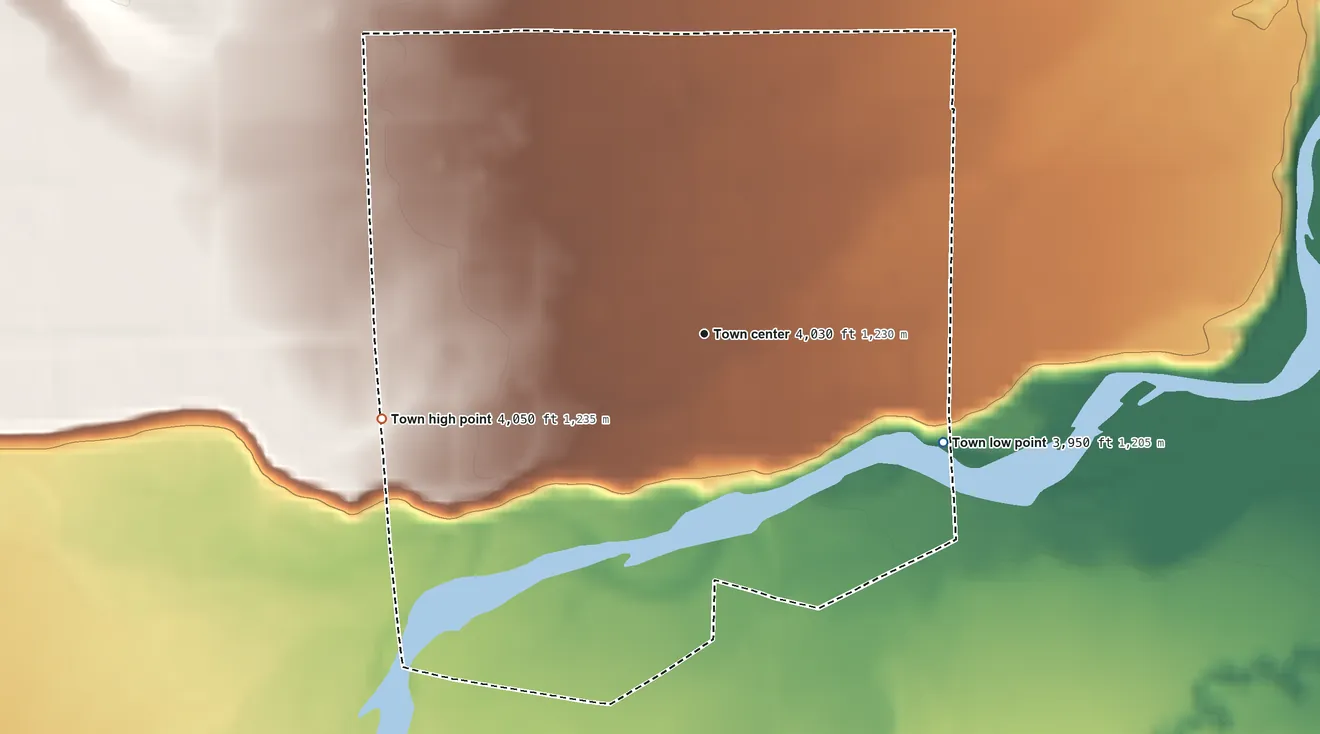 Topographic elevation map of Byron, Wyoming, shaded from 3,950 ft on the southeast side to 4,050 ft on the west side