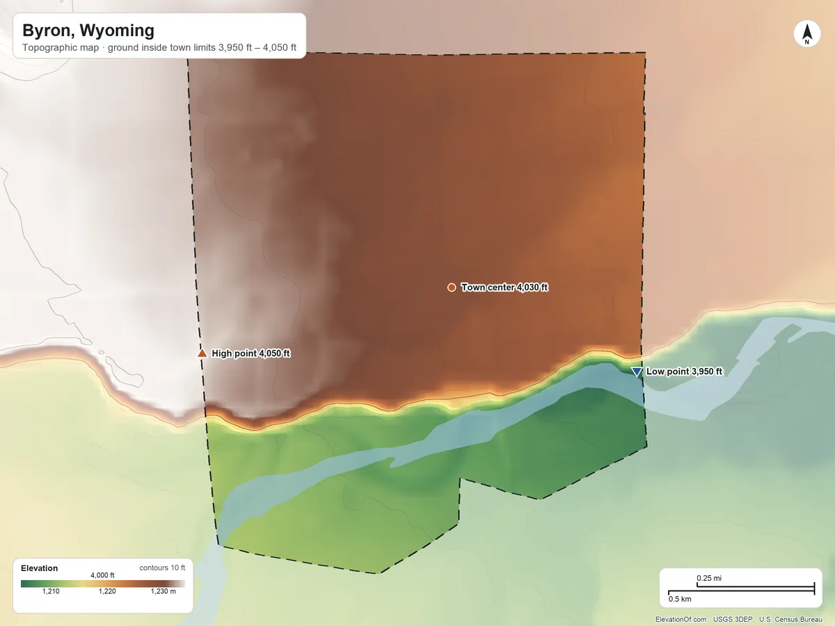 Topographic elevation map of Byron, Wyoming, shaded from 3,950 ft on the southeast side to 4,050 ft on the west side