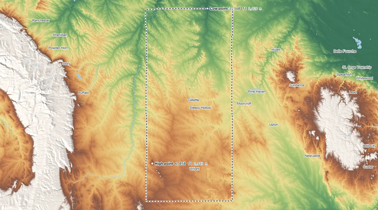Topographic elevation map of Campbell County, Wyoming, shaded from 3,340 ft on the north side to 6,050 ft on North Butte