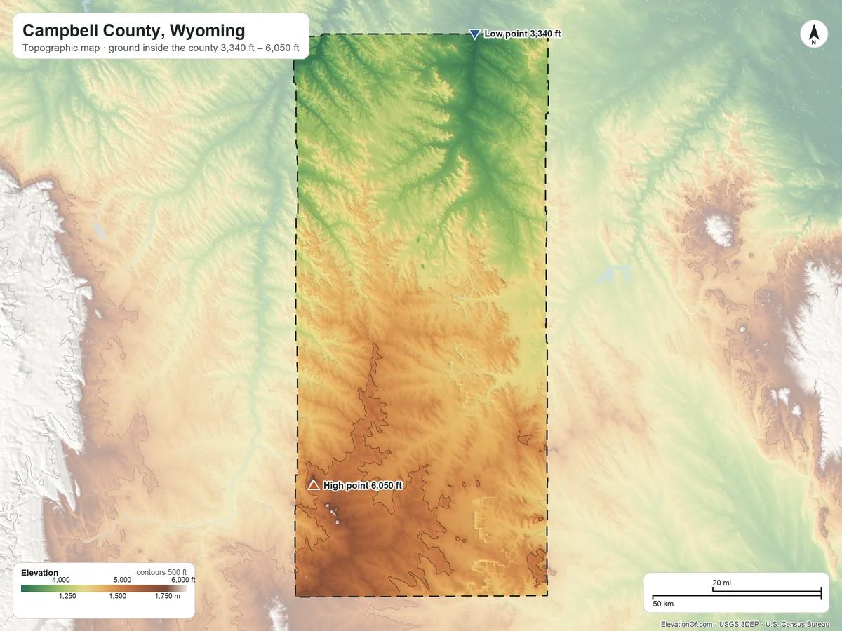 Topographic elevation map of Campbell County, Wyoming, shaded from 3,340 ft on the north side to 6,050 ft on North Butte
