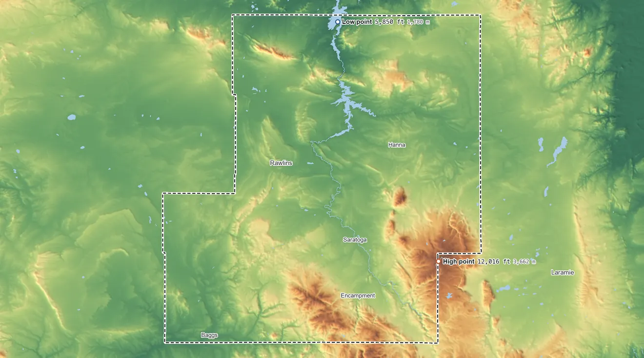 Topographic elevation map of Carbon County, Wyoming, shaded from 5,850 ft on the north side to 12,016 ft on Medicine Bow Peak