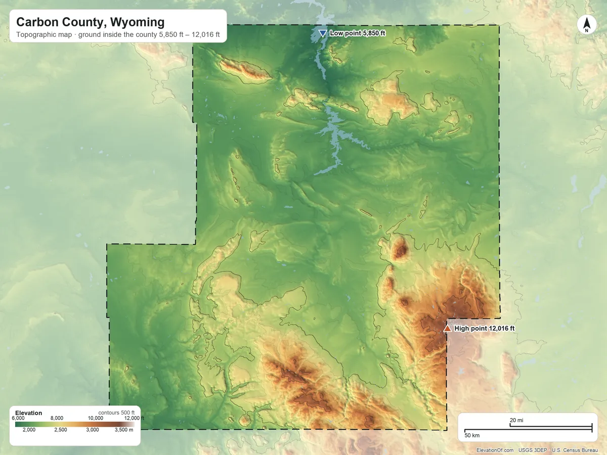 Topographic elevation map of Carbon County, Wyoming, shaded from 5,850 ft on the north side to 12,016 ft on Medicine Bow Peak