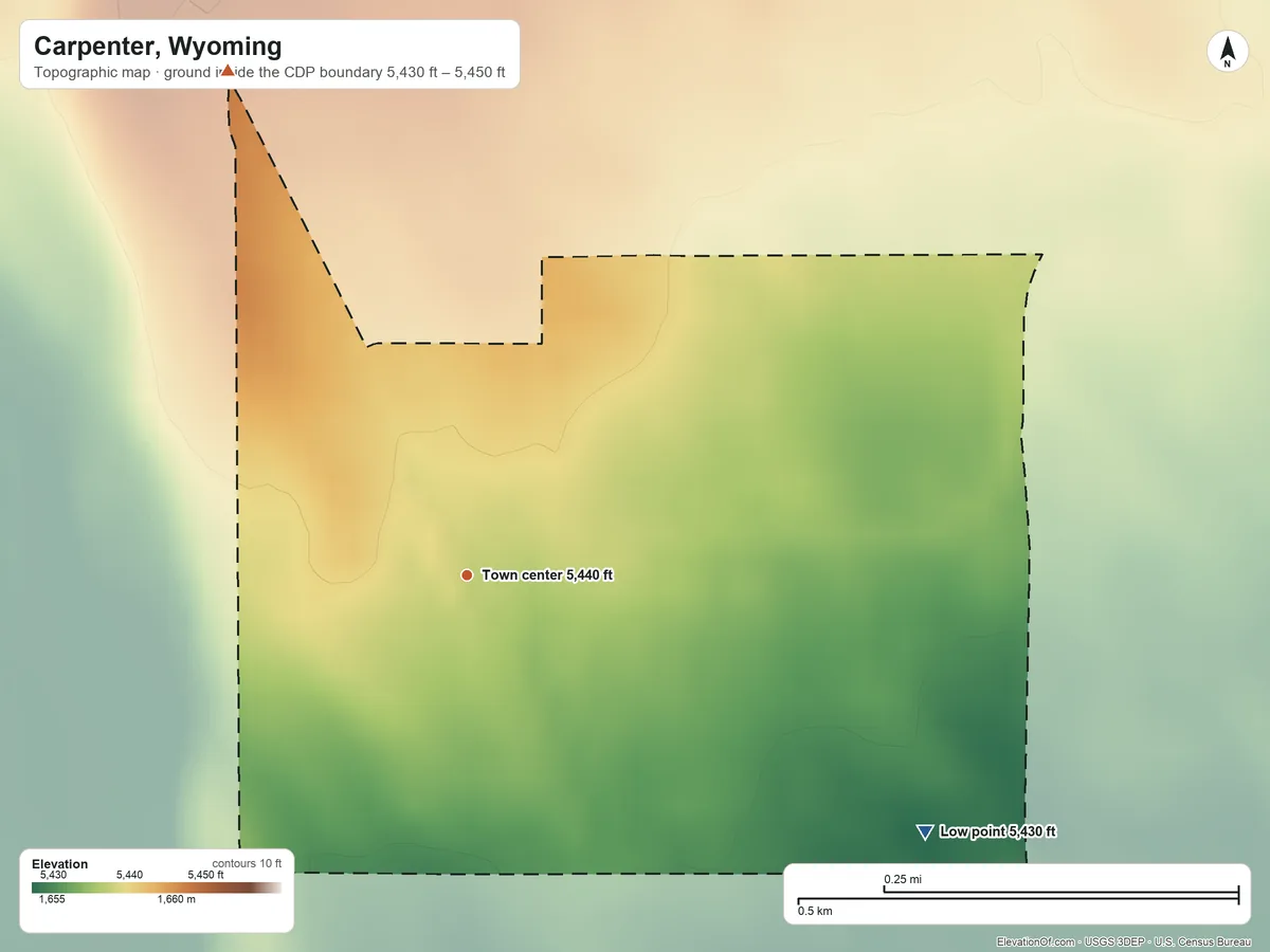Topographic elevation map of Carpenter, Wyoming, shaded from 5,430 ft on the southeast side to 5,450 ft on the northwest side
