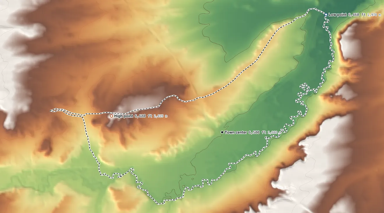 Topographic elevation map of Carter, Wyoming, shaded from 6,460 ft on the northeast side to 6,680 ft on the west side