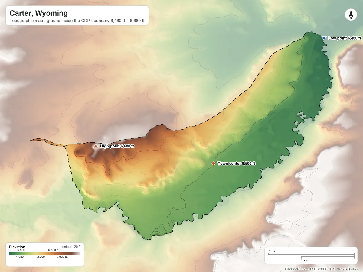 Topographic elevation map of Carter, Wyoming, shaded from 6,460 ft on the northeast side to 6,680 ft on the west side